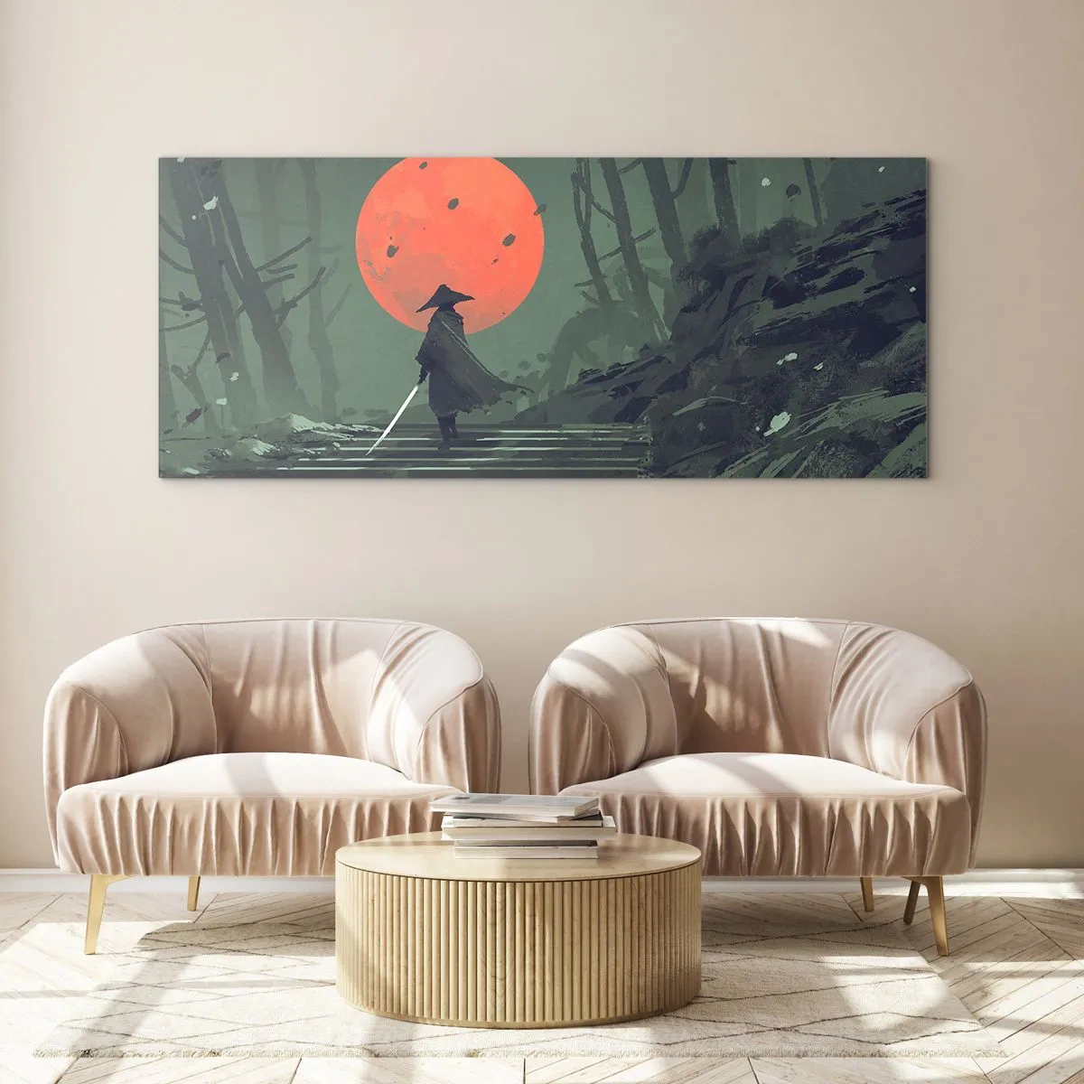 Quadro su vetro - Un guerriero solitario con una spada sullo sfondo di una luna rossa in una foresta oscura. - 140x50cm - Il guerriero della luna rossa - Decorazione murale moderna per soggiorno e camera da letto ARTTOR