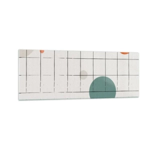 Quadro su vetro - Cerchi colorati astratti su uno sfondo a griglia geometrica - 140x50cm - Prigionieri. Noi o loro? - Decorazione murale moderna per soggiorno e camera da letto ARTTOR