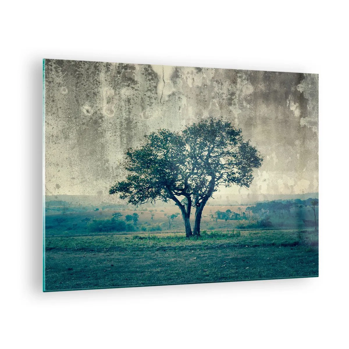 Quadro su vetro - Un albero solitario in un paesaggio d'epoca - 70x50cm - Un melo su un prato blu? - Decorazione murale moderna per soggiorno e camera da letto ARTTOR