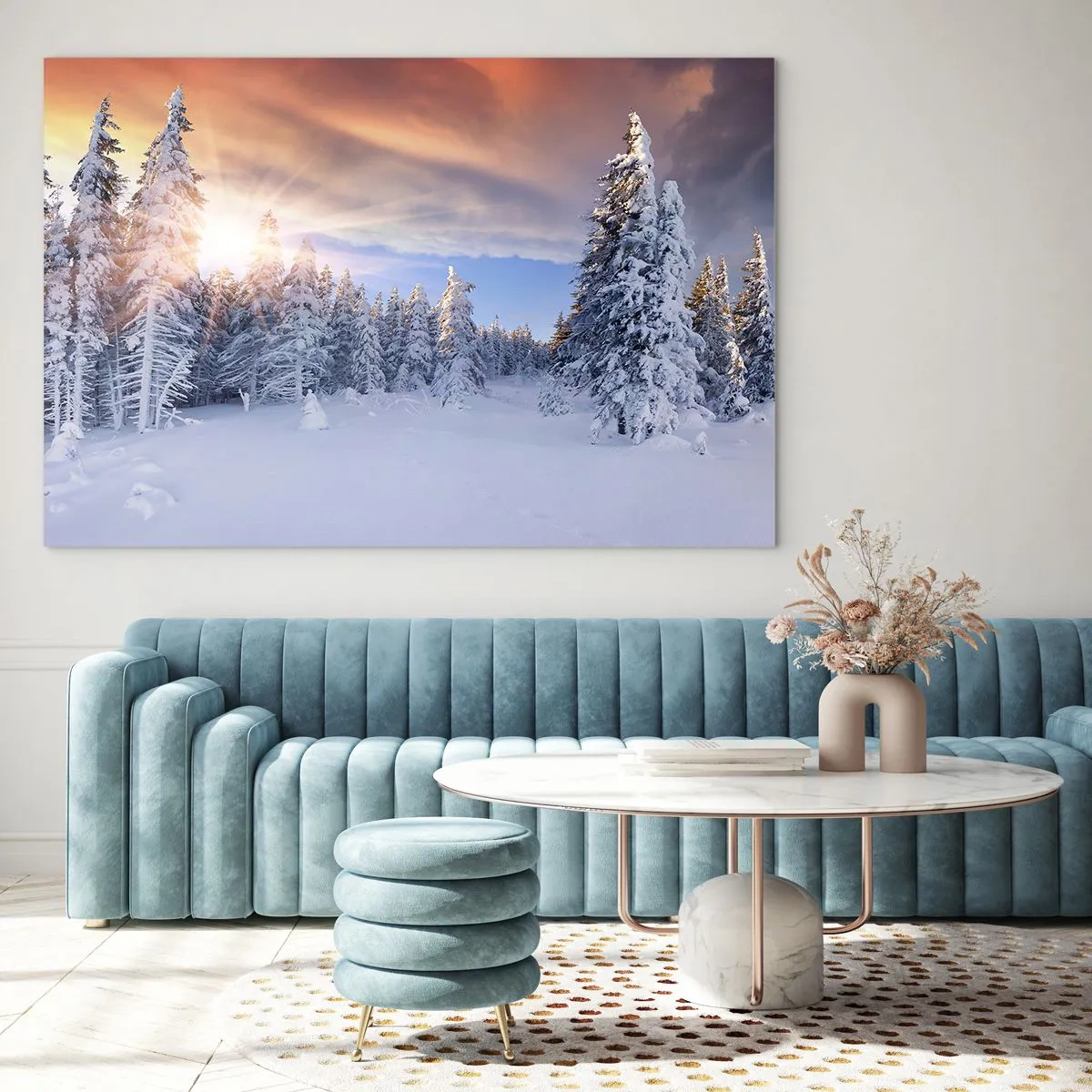 Quadro su vetro - Paesaggio invernale con alberi innevati al tramonto - 70x50cm - Spettacolo innevato della natura - Decorazione murale moderna per soggiorno e camera da letto ARTTOR