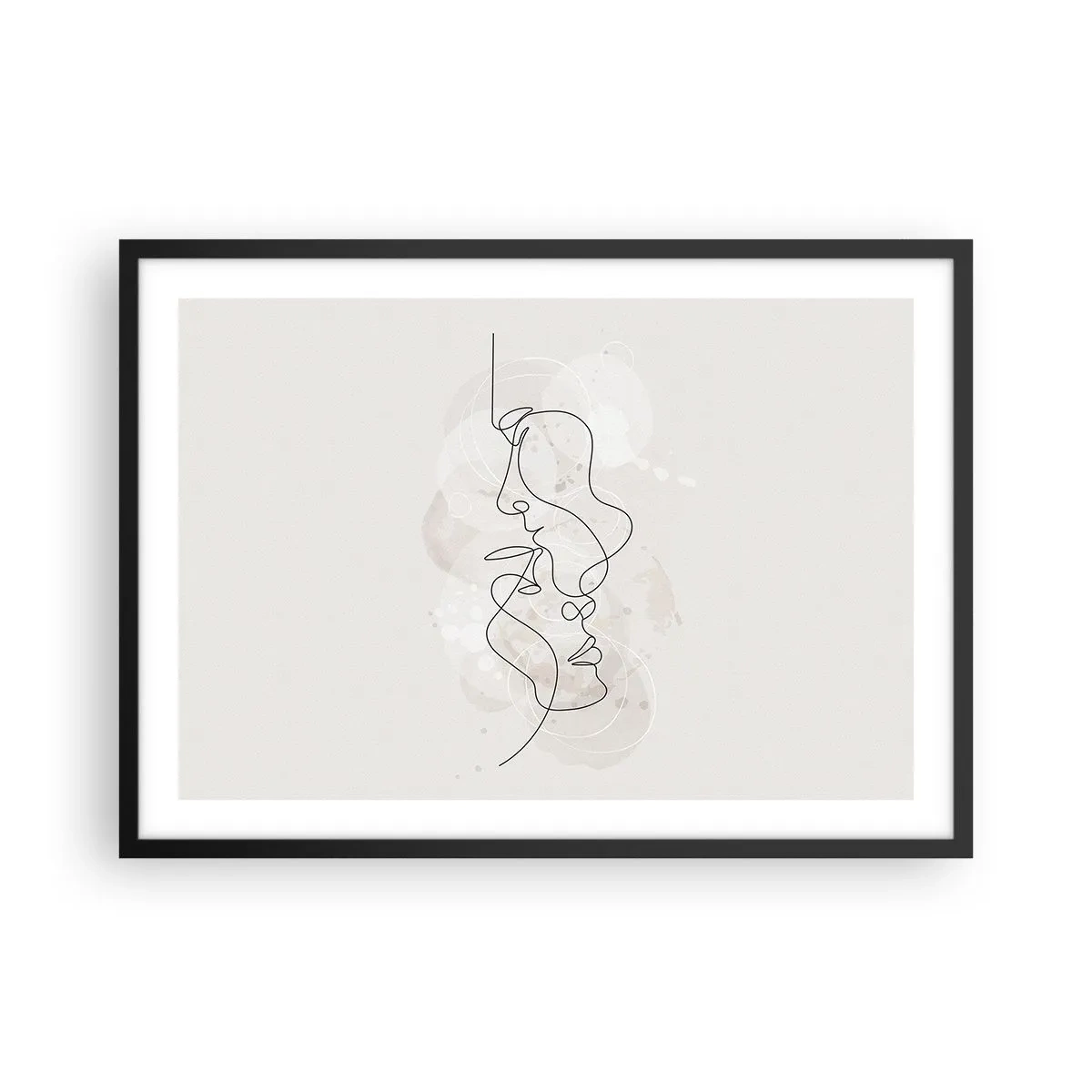 Poster in cornice nera - Contorno astratto di due volti su uno sfondo chiaro - 70x50cm - Intrecciati in un abbraccio - Decorazione murale moderna per soggiorno e camera da letto ARTTOR