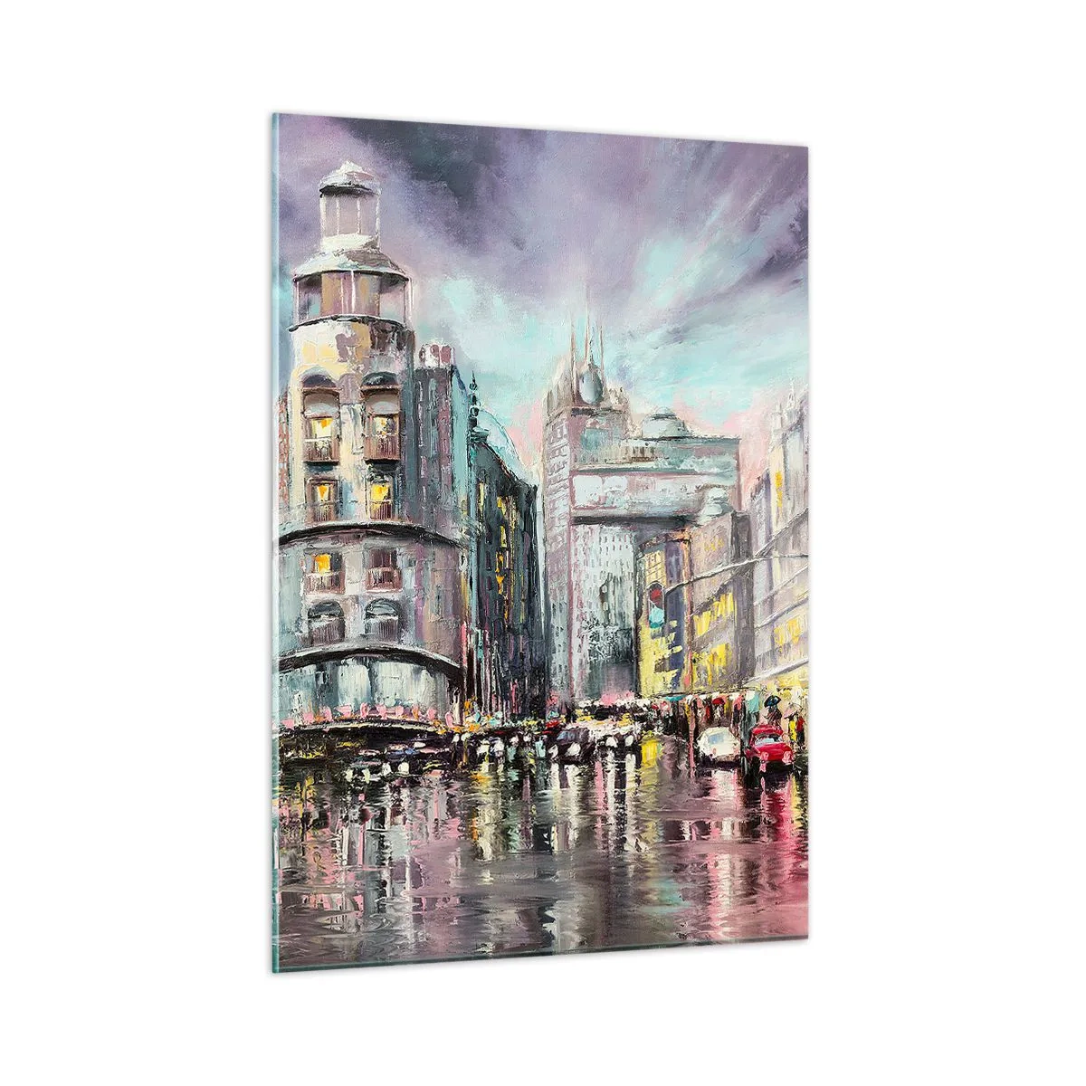 Quadro su vetro - Una strada cittadina sotto la pioggia con uno spettacolare riflesso delle luci - 50x70cm - Sarà una serata riuscita - Decorazione murale moderna per soggiorno e camera da letto ARTTOR