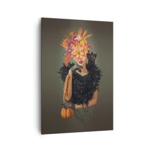 Quadro su tela - Stampe su Tela - Ritratto di donna con motivi autunnali e un gatto - 70x100cm - L'incantesimo della strega - Decorazione murale moderna per soggiorno e camera da letto ARTTOR