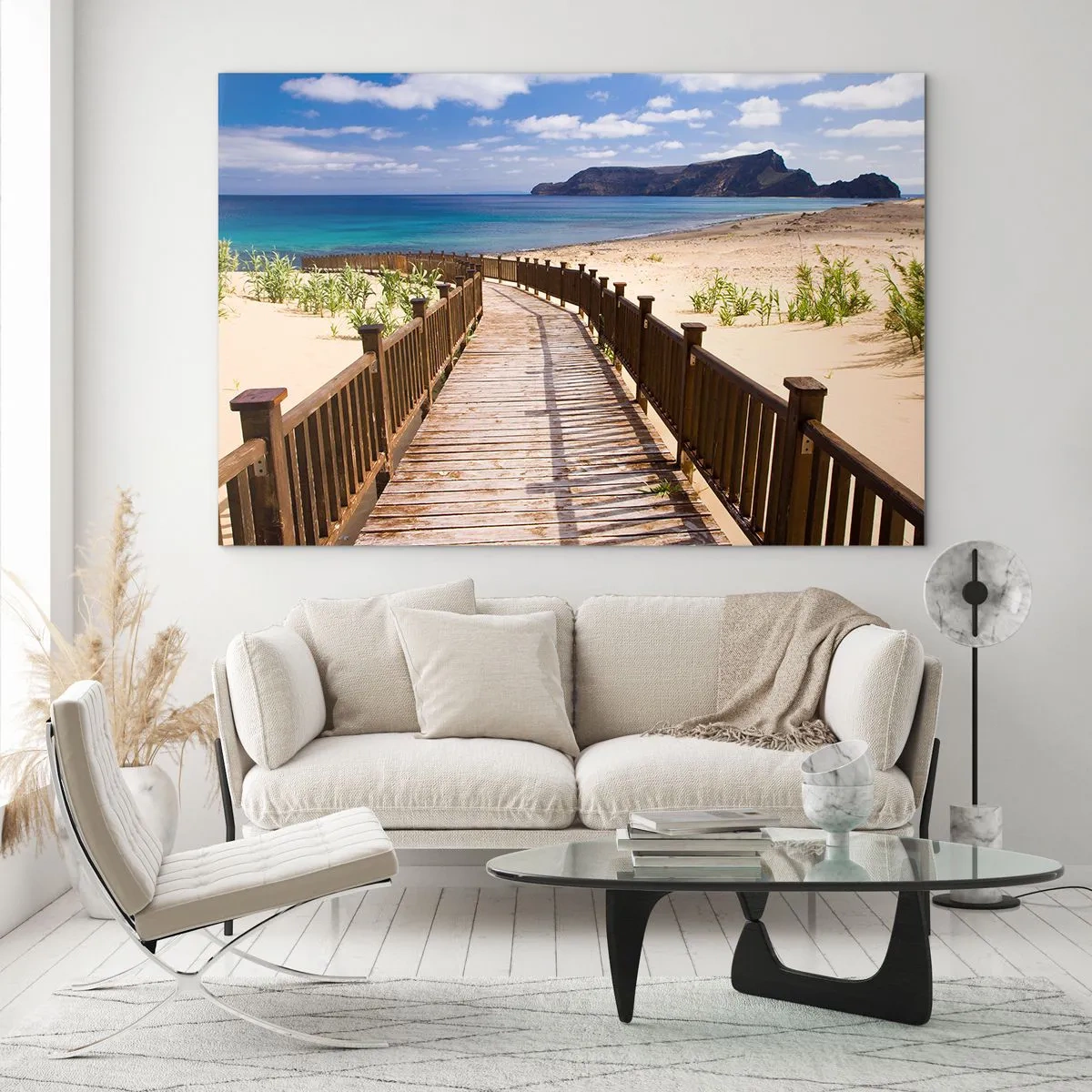 Quadro su vetro - Sentiero in legno sulla spiaggia che conduce al mare - 100x70cm - Portami alle isole fortunate - Decorazione murale moderna per soggiorno e camera da letto ARTTOR