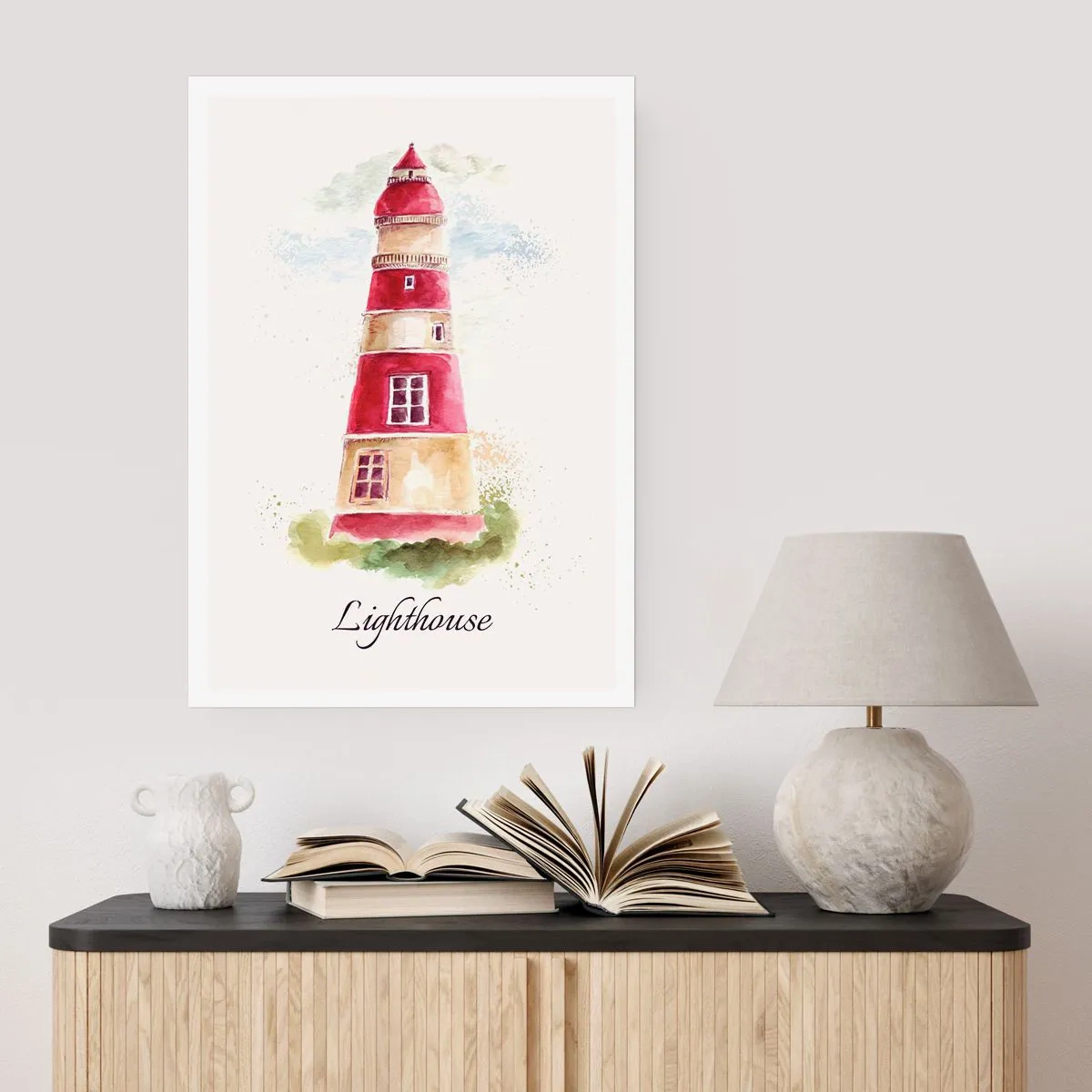 Poster - Illustrazione ad acquerello di un faro su uno sfondo chiaro - 50x70cm - Attorno è sempre bel tempo - Decorazione murale moderna per soggiorno e camera da letto ARTTOR