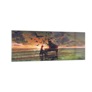 Quadro su vetro - Un pianoforte in riva al mare al tramonto con gli uccelli - 140x50cm - Concerto per pianoforte e onde - Decorazione murale moderna per soggiorno e camera da letto ARTTOR