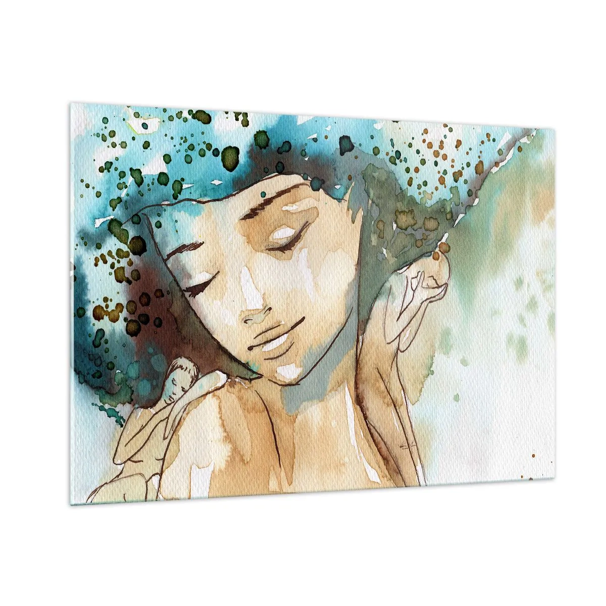 Quadro su vetro - Ritratto ad acquerello di una donna con gli occhi chiusi - 100x70cm - Lady in blue - Decorazione murale moderna per soggiorno e camera da letto ARTTOR