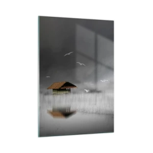 Quadro su vetro - Una casa sull'acqua nella nebbia con uccelli che volano - 50x70cm - Riparo dalla pioggia - Decorazione murale moderna per soggiorno e camera da letto ARTTOR