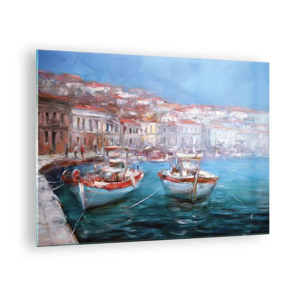 Quadro su vetro - Porto di pescatori con barche sullo sfondo di edifici italiani e cielo azzurro - 70x50cm - Golfo italiano - Decorazione murale moderna per soggiorno e camera da letto ARTTOR