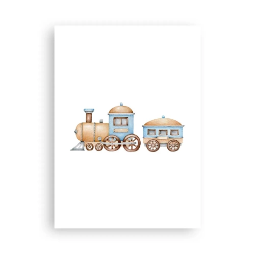 Poster - Treno acquerello nei toni del blu e del beige - 50x70cm - Fermo alla stazione... - Decorazione murale moderna per soggiorno e camera da letto ARTTOR
