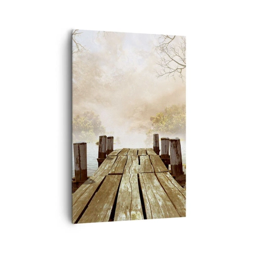 Quadro su tela - Stampe su Tela - Un molo di legno che conduce a un lago calmo nella nebbia mattutina - 80x120cm - La mite melanconia autunnale - Decorazione murale moderna per soggiorno e camera da letto ARTTOR