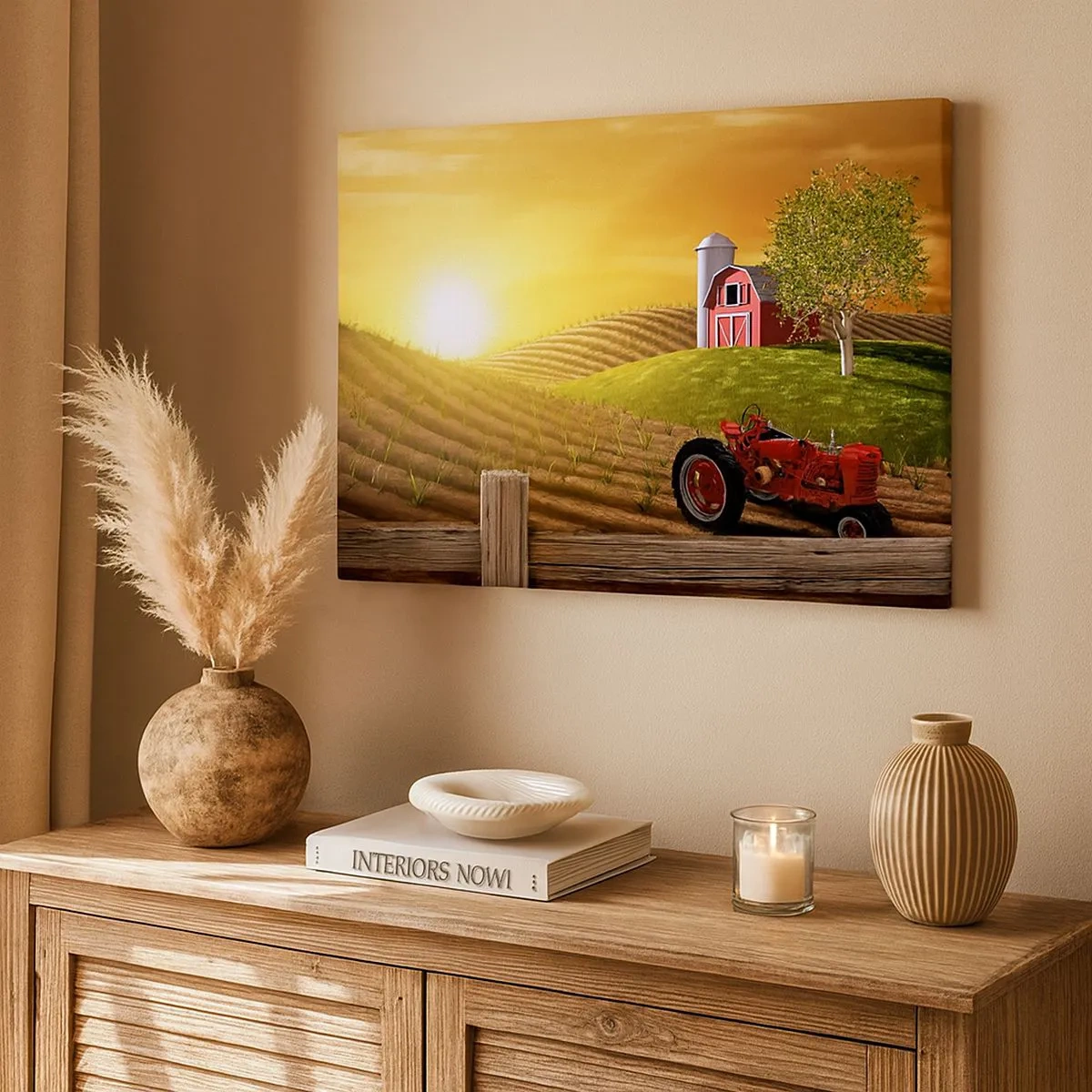 Quadro su tela - Stampe su Tela - Paesaggio rurale con un fienile rosso, un trattore e l'alba - 70x50cm - La fattoria delle favole - Decorazione murale moderna per soggiorno e camera da letto ARTTOR