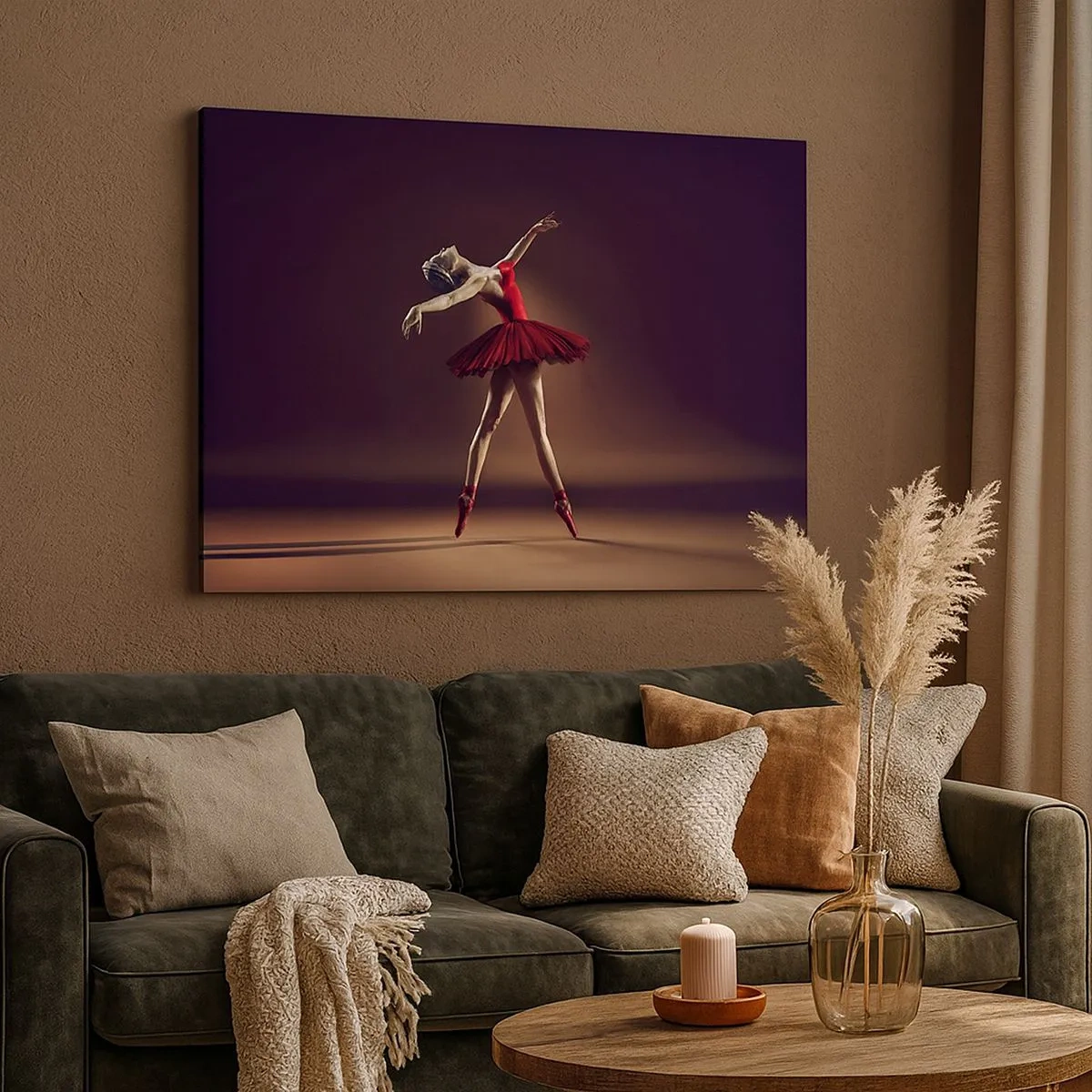 Quadro su tela - Stampe su Tela - Una ballerina in abito rosso sullo sfondo di un palco - 70x50cm - Prima ballerina - Decorazione murale moderna per soggiorno e camera da letto ARTTOR