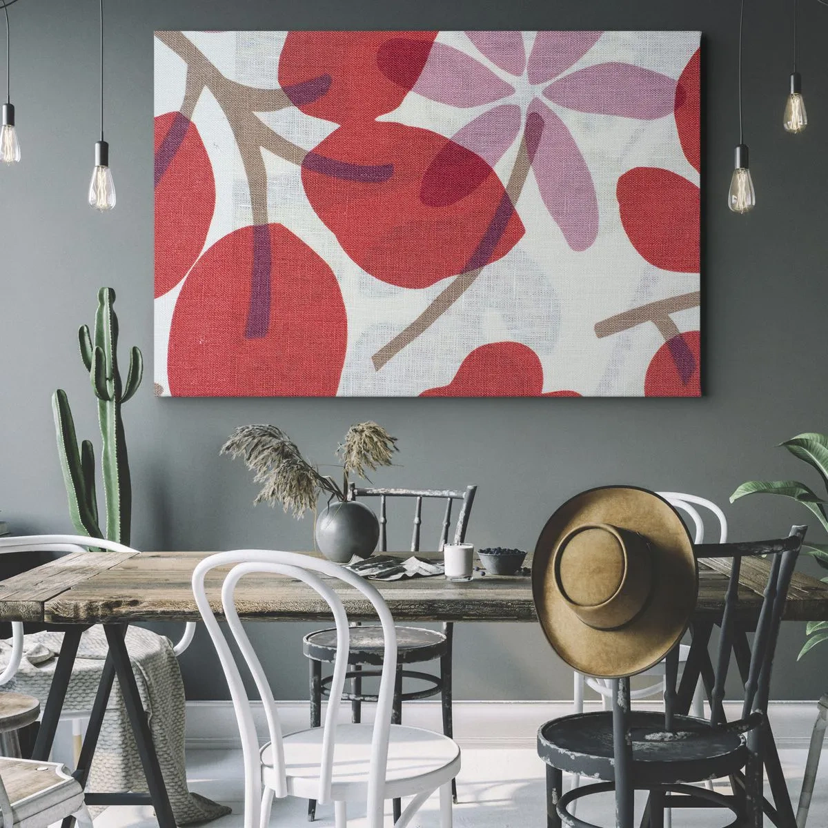 Quadro su tela - Stampe su Tela - Fiori e foglie nelle tonalità del rosso e del rosa - 120x80cm - Composizione di fiori in rosa - Decorazione murale moderna per soggiorno e camera da letto ARTTOR