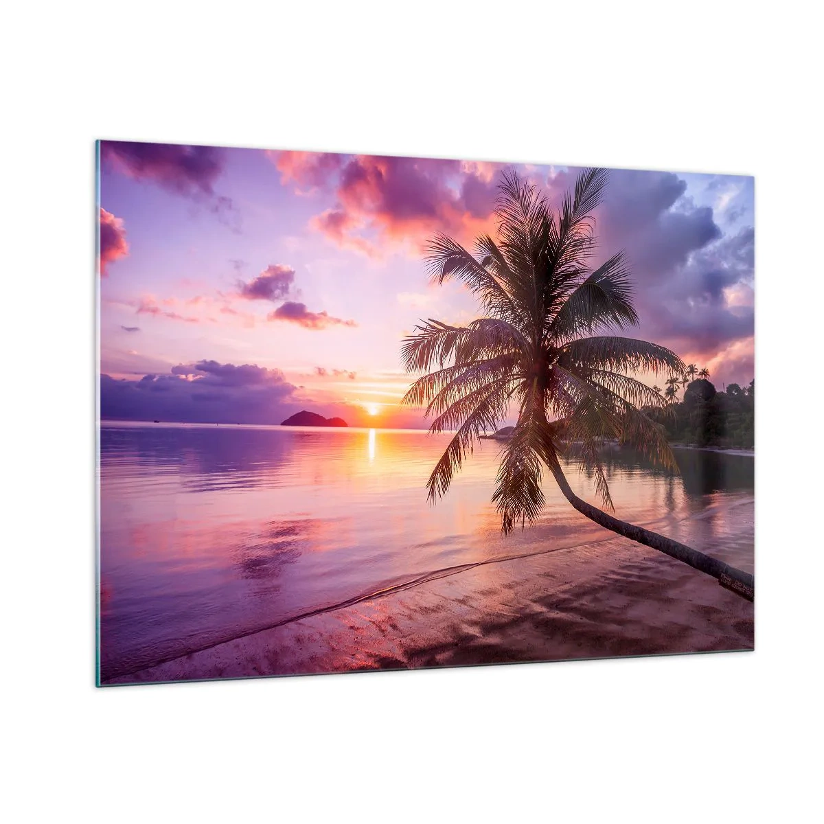 Quadro su vetro - Spiaggia esotica con una palma al tramonto - 100x70cm - Beatitudine a perdita d'occhio - Decorazione murale moderna per soggiorno e camera da letto ARTTOR