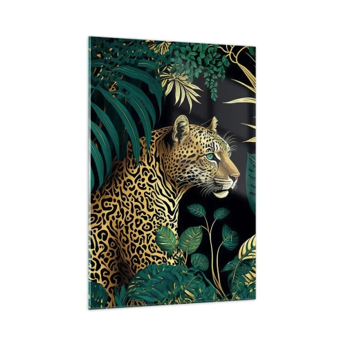 Quadro su vetro - Leopardo tra foglie tropicali su sfondo nero - 70x100cm - Il signore della giungla - Decorazione murale moderna per soggiorno e camera da letto ARTTOR