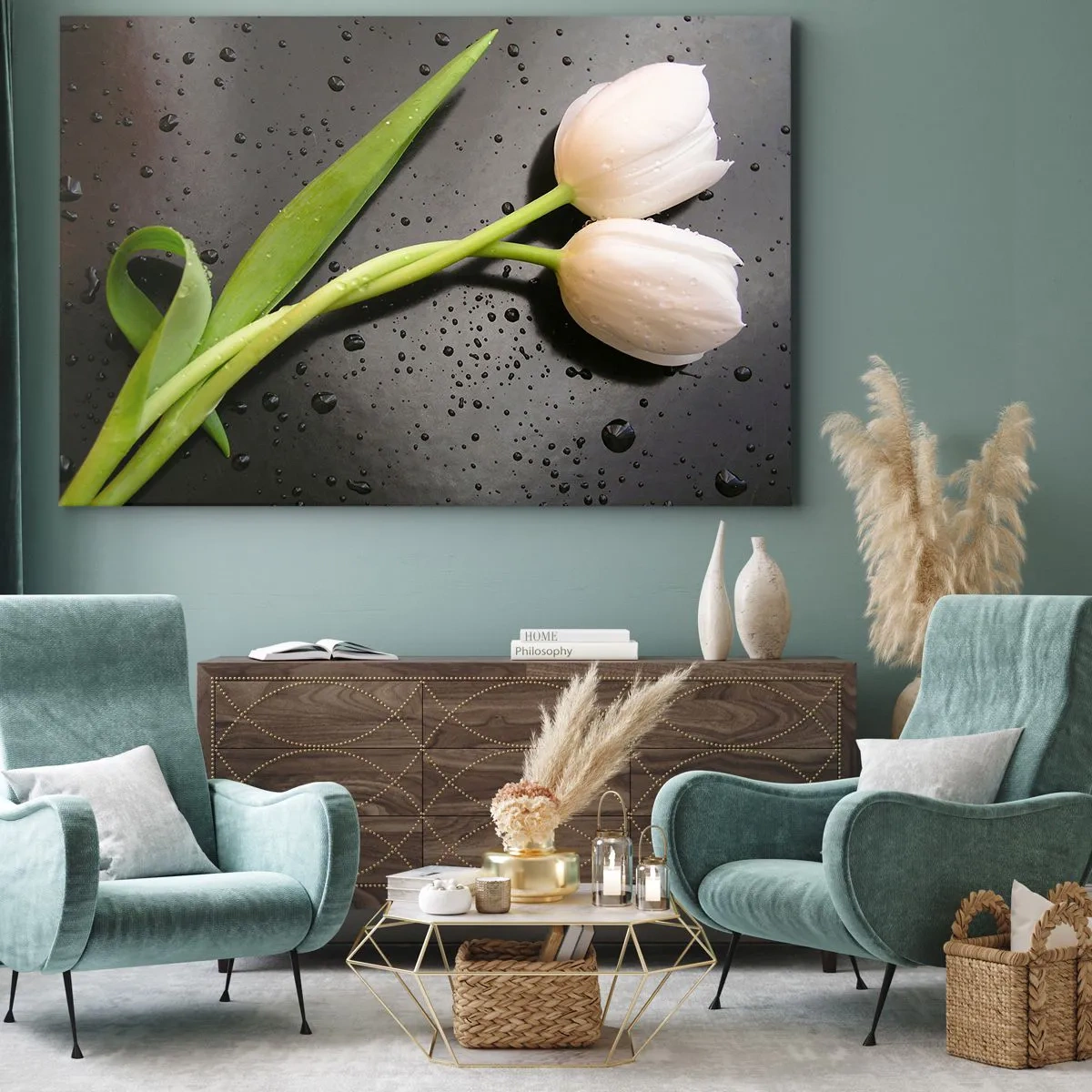 Quadro su tela - Stampe su Tela - Tulipani bianchi su sfondo nero con gocce d'acqua - 70x50cm - Intreccio primaverile - Decorazione murale moderna per soggiorno e camera da letto ARTTOR