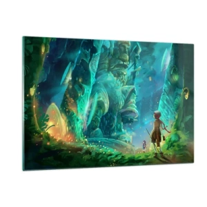 Quadro su vetro - Paesaggio fantastico con una figura e un'antica statua nella foresta - 120x80cm - Dal grande Libro delle Fiabe - Decorazione murale moderna per soggiorno e camera da letto ARTTOR