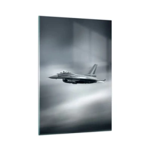 Quadro su vetro - Un aereo da caccia in volo contro un cielo nuvoloso - 80x120cm - Lanci la sfida? - Decorazione murale moderna per soggiorno e camera da letto ARTTOR
