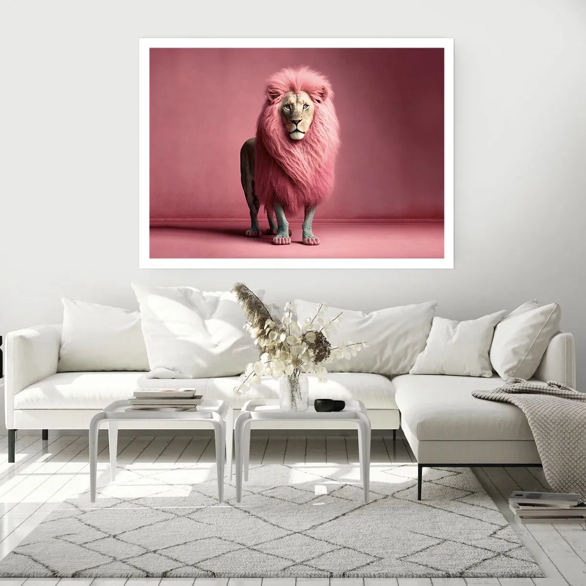 Poster - Un leone artisticamente raffigurato con una criniera rosa su uno sfondo rosa - 100x70cm - E non mette più paura - Decorazione murale moderna per soggiorno e camera da letto ARTTOR