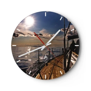 Orologio da parete - Orologio in Vetro - Una vista soleggiata del mare calmo dal ponte di uno yacht - 30x30cm - A vele spiegate verso il sole - Decorazione murale moderna per soggiorno, cucina e camera da letto ARTTOR
