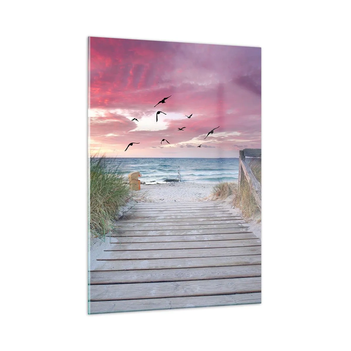 Quadro su vetro - Sentiero per la spiaggia al tramonto con uccelli che volano - 50x70cm - Impressioni baltiche - Decorazione murale moderna per soggiorno e camera da letto ARTTOR
