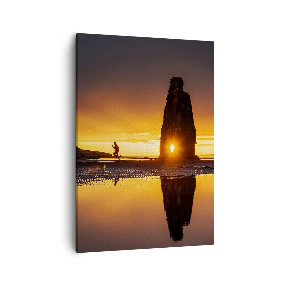 Quadro su tela - Stampe su Tela - Persona che corre sulla spiaggia al tramonto con formazione rocciosa - 50x70cm - Solo tu e la natura - Decorazione murale moderna per soggiorno e camera da letto ARTTOR