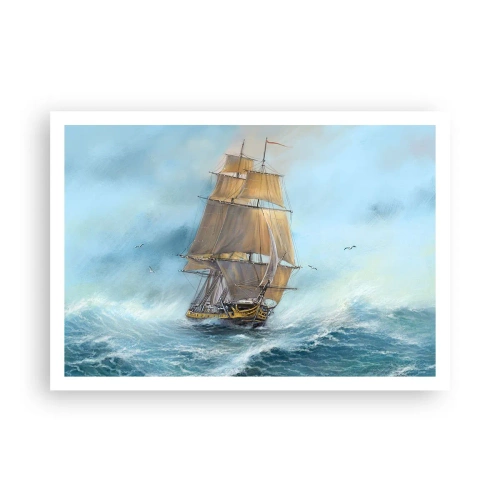 Poster - Una nave a vela in un mare in tempesta - 100x70cm - Frangendo i flutti - Decorazione murale moderna per soggiorno e camera da letto ARTTOR