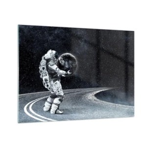 Quadro su vetro - Un astronauta che trasporta la Terra nel suo viaggio attraverso l'universo - 70x50cm - Sulla Via Lattea - Decorazione murale moderna per soggiorno e camera da letto ARTTOR
