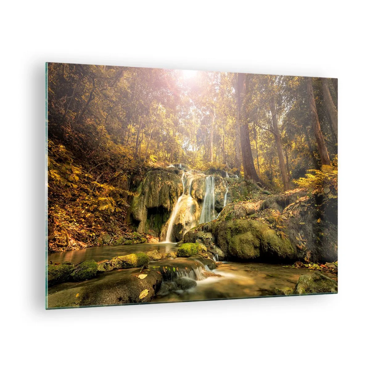 Quadro su vetro - Cascata nella foresta nel verde - 70x50cm - Cascata boschiva in verde - Decorazione murale moderna per soggiorno e camera da letto ARTTOR