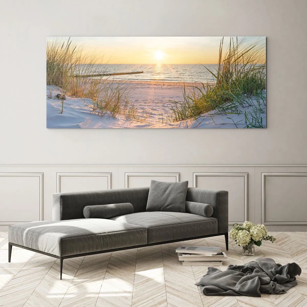 Quadro su vetro - Rumore del mare, uccelli che cantano, spiaggia selvatica tra i cespugli... - 100x40 cm