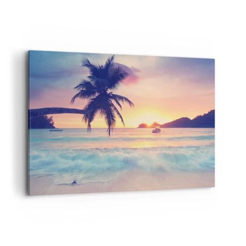 Quadro su tela - Stampe su Tela - Spiaggia con una palma e un tramonto sull'oceano - 100x70cm - Sera nell'insenatura - Decorazione murale moderna per soggiorno e camera da letto ARTTOR