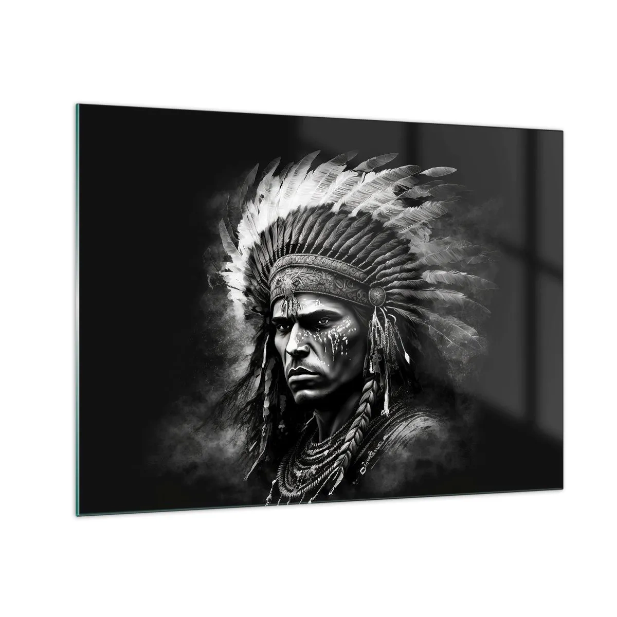 Quadro su vetro - Ritratto in bianco e nero di un guerriero con un copricapo piumato - 70x50cm - Capo e guerriero - Decorazione murale moderna per soggiorno e camera da letto ARTTOR
