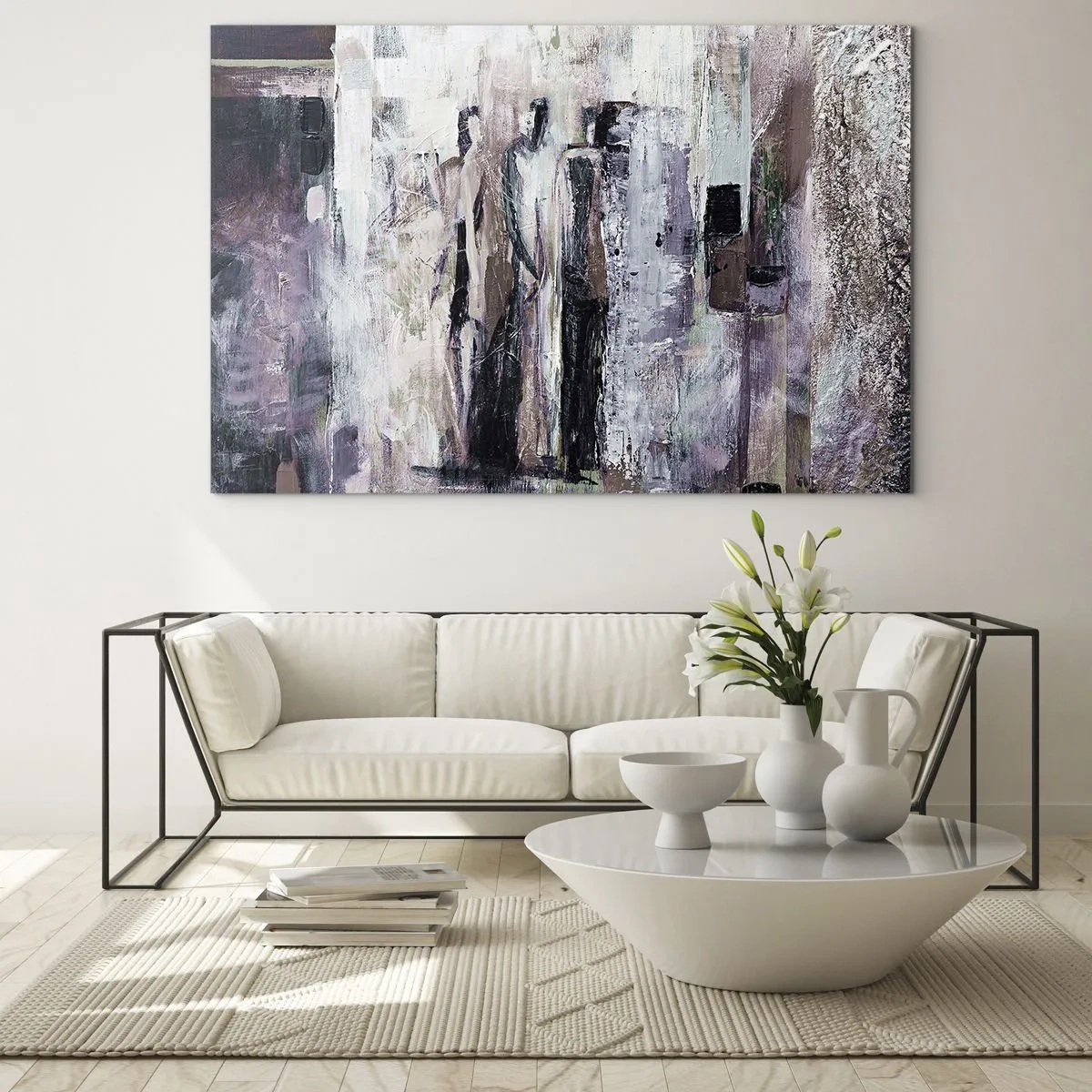 Quadro su vetro - Sagome astratte di figure su uno sfondo di vernice strutturata - 100x70cm - Triade misteriosa - Decorazione murale moderna per soggiorno e camera da letto ARTTOR