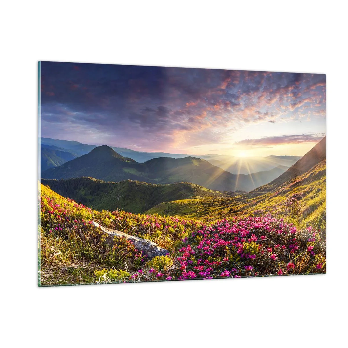 Quadro su vetro - Paesaggio montano all'alba con fiori in fiore - 120x80cm - La freschezza di un mattino sui monti - Decorazione murale moderna per soggiorno e camera da letto ARTTOR
