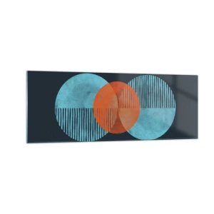 Quadro su vetro - Cerchi geometrici nei toni del blu e dell'arancione - 140x50cm - Composizione simmetrica - Decorazione murale moderna per soggiorno e camera da letto ARTTOR