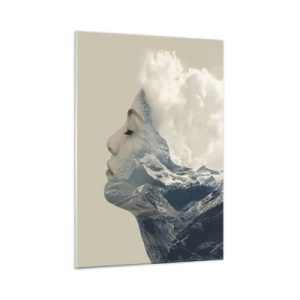Quadro su vetro - Profilo di donna con un paesaggio di montagne e nuvole sullo sfondo. - 50x70cm - La bellezza degli elementi - Decorazione murale moderna per soggiorno e camera da letto ARTTOR