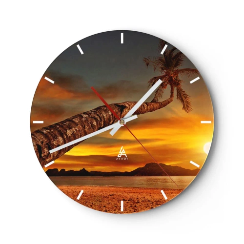 Orologio da parete - Orologio in Vetro - Palma sulla spiaggia al tramonto - 30x30cm - Vacanze esotiche, avventura nei Caraibi - Decorazione murale moderna per soggiorno, cucina e camera da letto ARTTOR