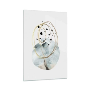 Quadro su vetro - Astrazione minimalista con motivo geometrico e linee dorate - 70x100cm - Nell'abbraccio dello spazio - Decorazione murale moderna per soggiorno e camera da letto ARTTOR