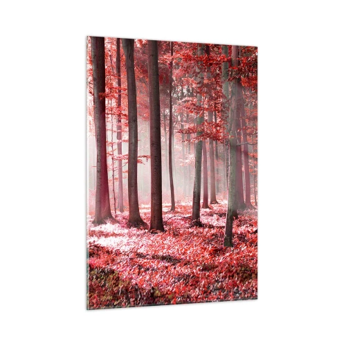 Quadro su vetro - Foresta autunnale nei colori rossi e nebbia mattutina - 50x70cm - Anche rosso è bello - Decorazione murale moderna per soggiorno e camera da letto ARTTOR