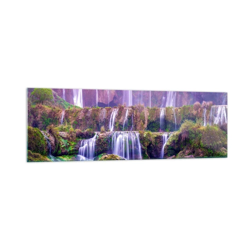 Quadro su vetro - Cascate immerse nel verde con luci pastello - 160x50cm - La scala verso il cielo - Decorazione murale moderna per soggiorno e camera da letto ARTTOR