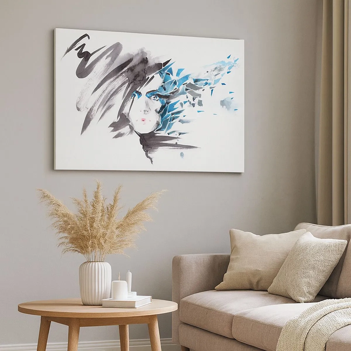 Quadro su tela - Stampe su Tela - Pittura artistica del viso ad acquerello con accenti blu - 70x50cm - Ritratto di sensualità in grigio e azzurro - Decorazione murale moderna per soggiorno e camera da letto ARTTOR