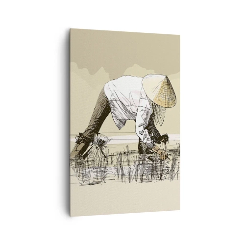 Quadro su tela - Stampe su Tela - Contadini che lavorano in una risaia indossando copricapi tradizionali - 80x120cm - Buon raccolto - Decorazione murale moderna per soggiorno e camera da letto ARTTOR