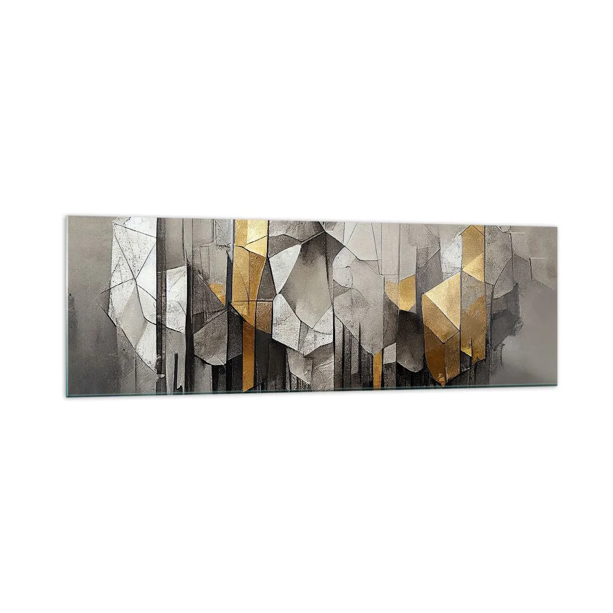 Quadro su vetro - Astrazione geometrica nei toni dell'oro e del grigio - 160x50cm - Composizione di ghiaccio e luce - Decorazione murale moderna per soggiorno e camera da letto ARTTOR