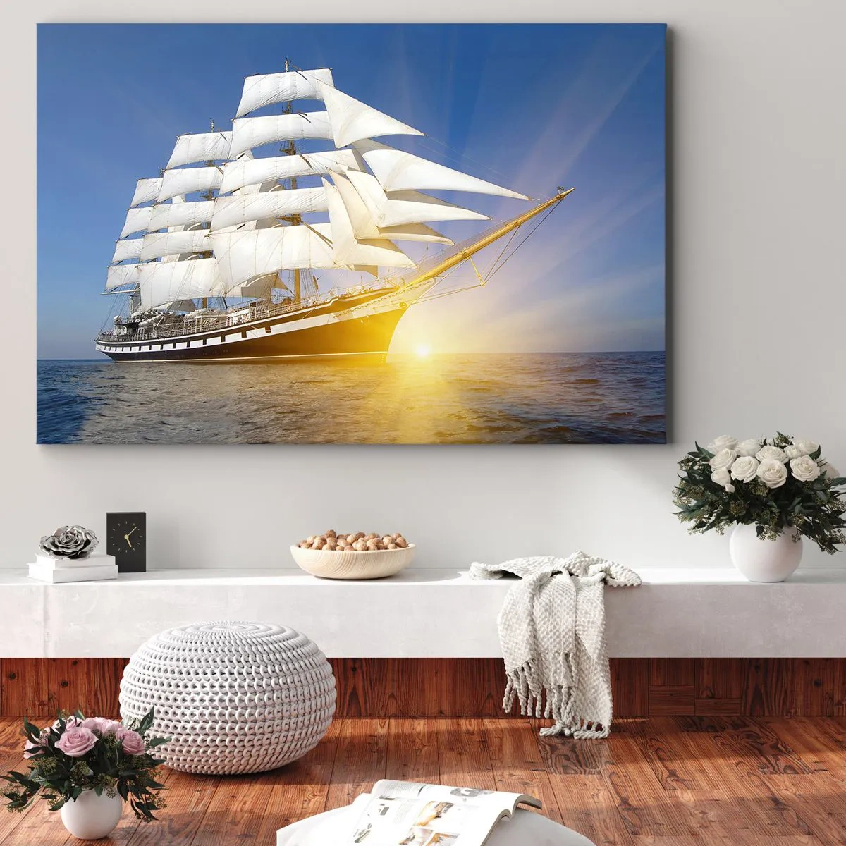 Quadro su tela - Stampe su Tela - Una nave a vela in mare alla luce del sole al tramonto - 120x80cm - Il loro tempo non passa mai - Decorazione murale moderna per soggiorno e camera da letto ARTTOR