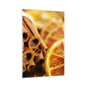 Quadro su vetro - Bastoncini di cannella con fette d'arancia essiccate in colori caldi - 80x120cm - Senti il loro profumo? - Decorazione murale moderna per soggiorno e camera da letto ARTTOR