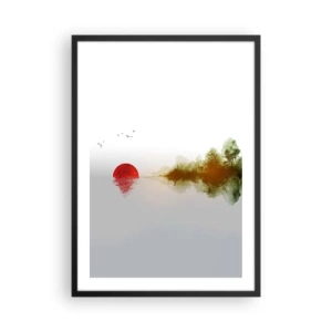 Poster in cornice nera - Un paesaggio minimalista con un sole rosso e un lago. - 50x70cm - Promessa di pace - Decorazione murale moderna per soggiorno e camera da letto ARTTOR