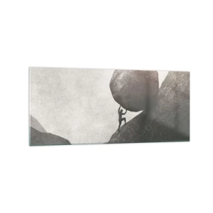 Quadro su vetro - Un uomo che scala un enorme masso su una collina - 120x50cm - Credo contro ogni speranza - Decorazione murale moderna per soggiorno e camera da letto ARTTOR