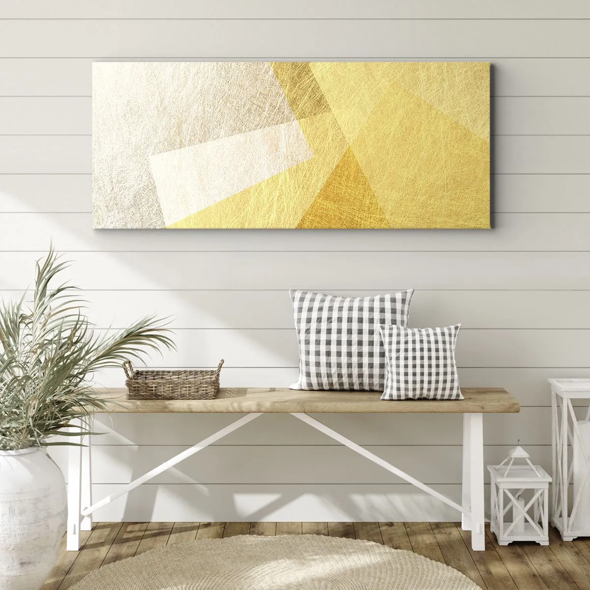 Quadro su tela - Stampe su Tela - Forme geometriche in tonalità oro e chiare - 140x50cm - La pace della geometria - Decorazione murale moderna per soggiorno e camera da letto ARTTOR
