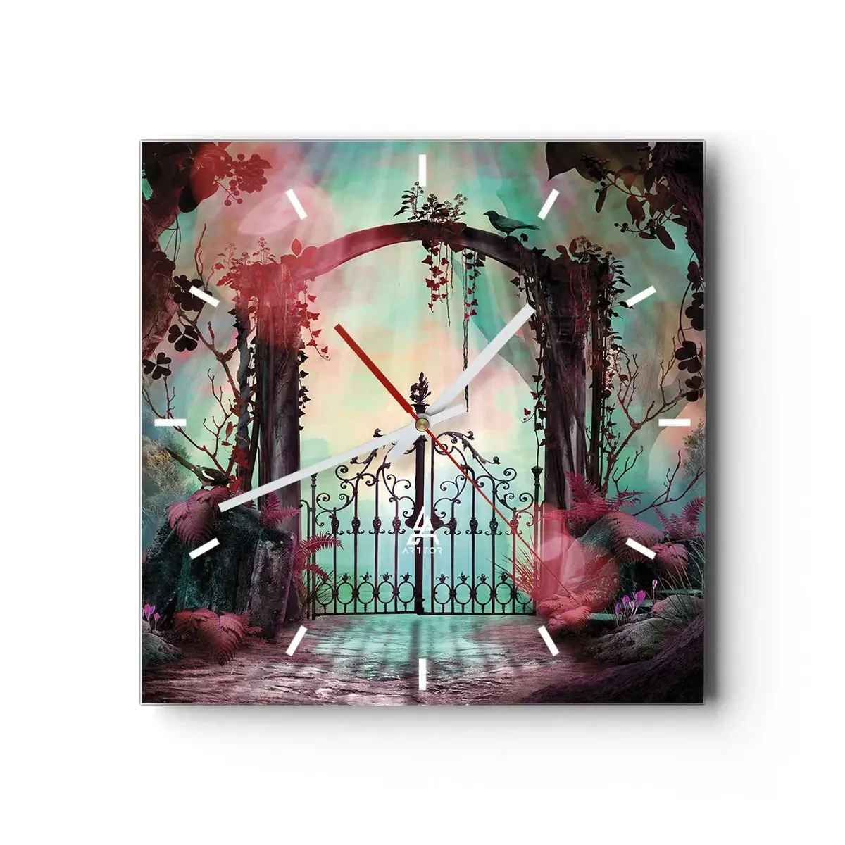 Orologio da parete - Orologio in Vetro - Un ingresso magico con un cancello in ferro battuto circondato da una vegetazione misteriosa - 30x30cm - Il giardino dei misteri - Decorazione murale moderna per soggiorno e camera da letto ARTTOR